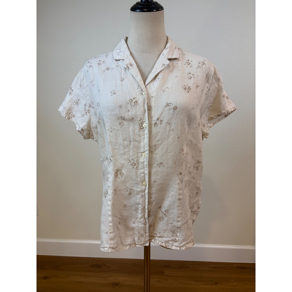 Vtg Liz Claiborne Top Women L Cream Linen Floral Button Down Shirt cottagecore